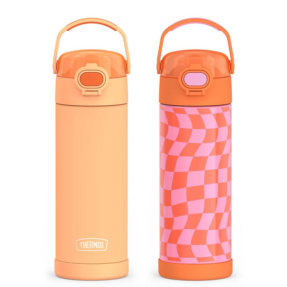 16oz FUNtainer Water Bottles with Locking Lids Neon Orange & Wavy Checkers Orange Bundle